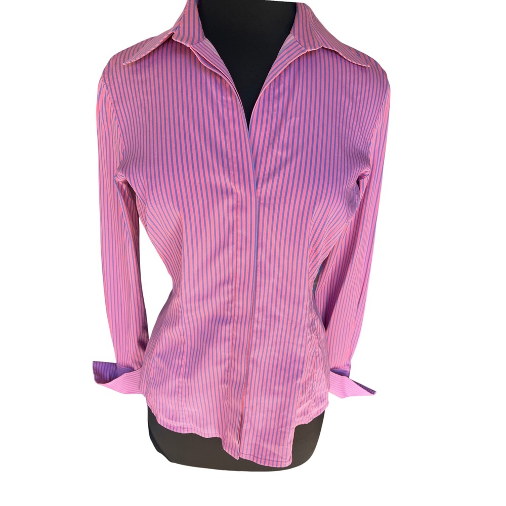 Thomas Pink Slim Fit Stretch Striped Button Down Shirt Pink Purple Womens 12